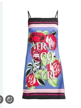 Versace Blue Rose Logo Slip Mini Dress
